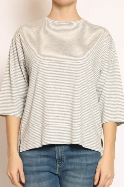T-shirt righe a scatola in jersey manica 3/4 grigio/bianco