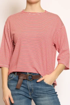 T-shirt righe a scatola in jersey manica 3/4 rosso/bianco