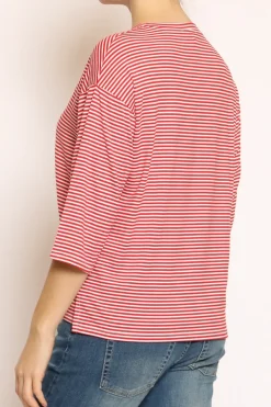 T-shirt righe a scatola in jersey manica 3/4 rosso/bianco