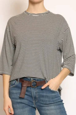 T-shirt righe a scatola in jersey manica 3/4 nero/bianco