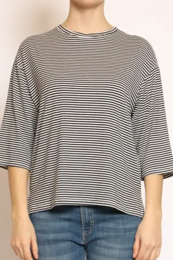 T-shirt righe a scatola in jersey manica 3/4 nero/bianco