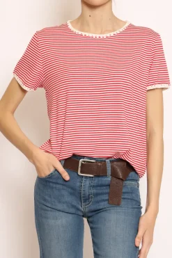 T-shirt righe fine con macramu00e8 bianco/rosso