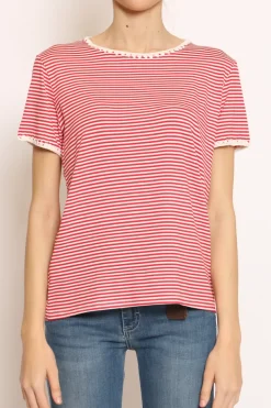 T-shirt righe fine con macramu00e8 bianco/rosso