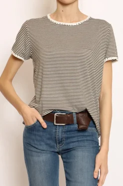 T-shirt righe fine con macramu00e8 bianco/militare