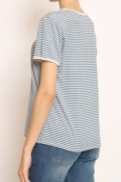 T-shirt righe fine con macramu00e8 bianco/jeans