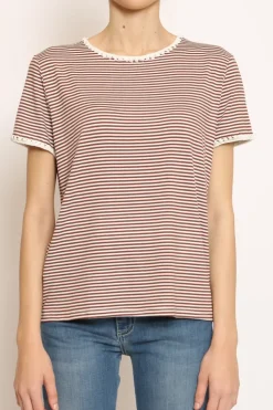 T-shirt righe fine con macramu00e8 bianco/tabacco