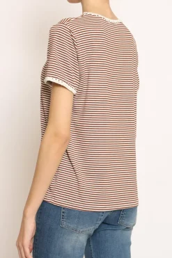 T-shirt righe fine con macramu00e8 bianco/tabacco