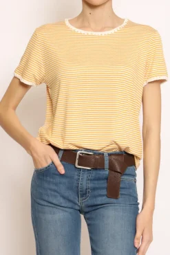 T-shirt righe fine con macramu00e8 bianco/senape