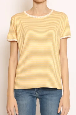 T-shirt righe fine con macramu00e8 bianco/senape