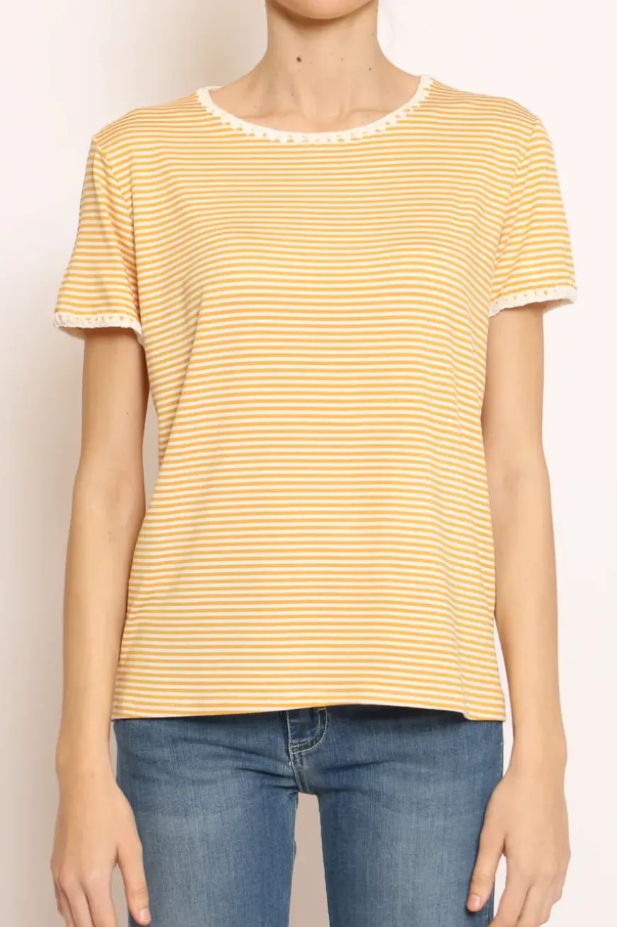 T-shirt righe fine con macramu00e8 bianco/senape