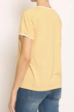 T-shirt righe fine con macramu00e8 bianco/senape