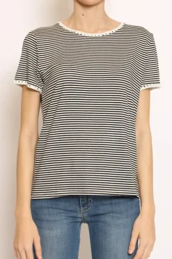T-shirt righe fine con macramu00e8 bianco/nero
