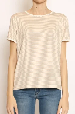 T-shirt righe fine con macramu00e8 bianco/beige