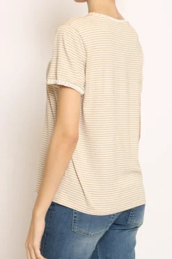 T-shirt righe fine con macramu00e8 bianco/beige