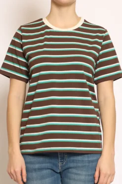 T-shirt righe girocollo moka/azzurro/verde