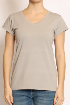 T-shirt scollo V elasticizzata mezza manica taupe