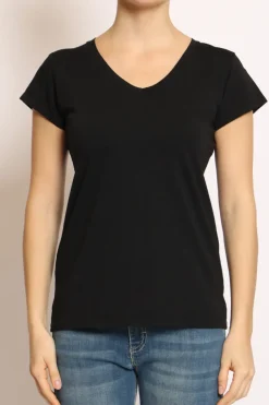T-shirt scollo V elasticizzata mezza manica nero
