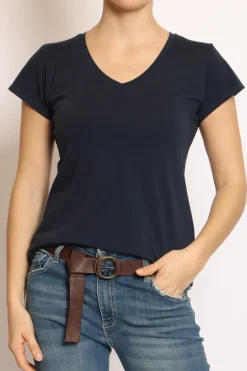 T-shirt scollo V elasticizzata mezza manica blu