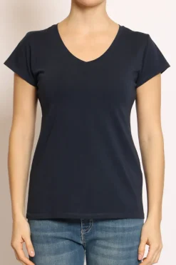 T-shirt scollo V elasticizzata mezza manica blu