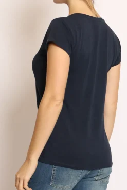 T-shirt scollo V elasticizzata mezza manica blu
