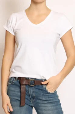 T-shirt scollo V elasticizzata mezza manica bianco