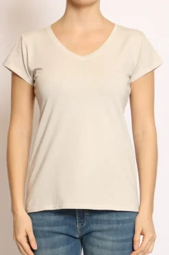 T-shirt scollo V elasticizzata mezza manica beige