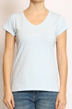 T-shirt scollo V elasticizzata mezza manica cielo