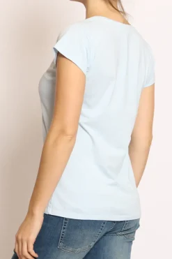 T-shirt scollo V elasticizzata mezza manica cielo