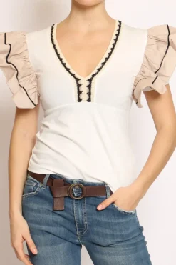 T-shirt scollo V manica volant righina bianco/beige