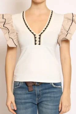 T-shirt scollo V manica volant righina bianco/beige