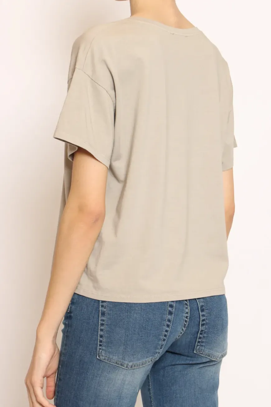 T-shirt scollo V mezza manica taupe