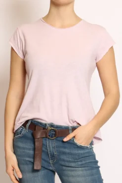 T-shirt taglio vivo cotone fiammato mezza manica rosa